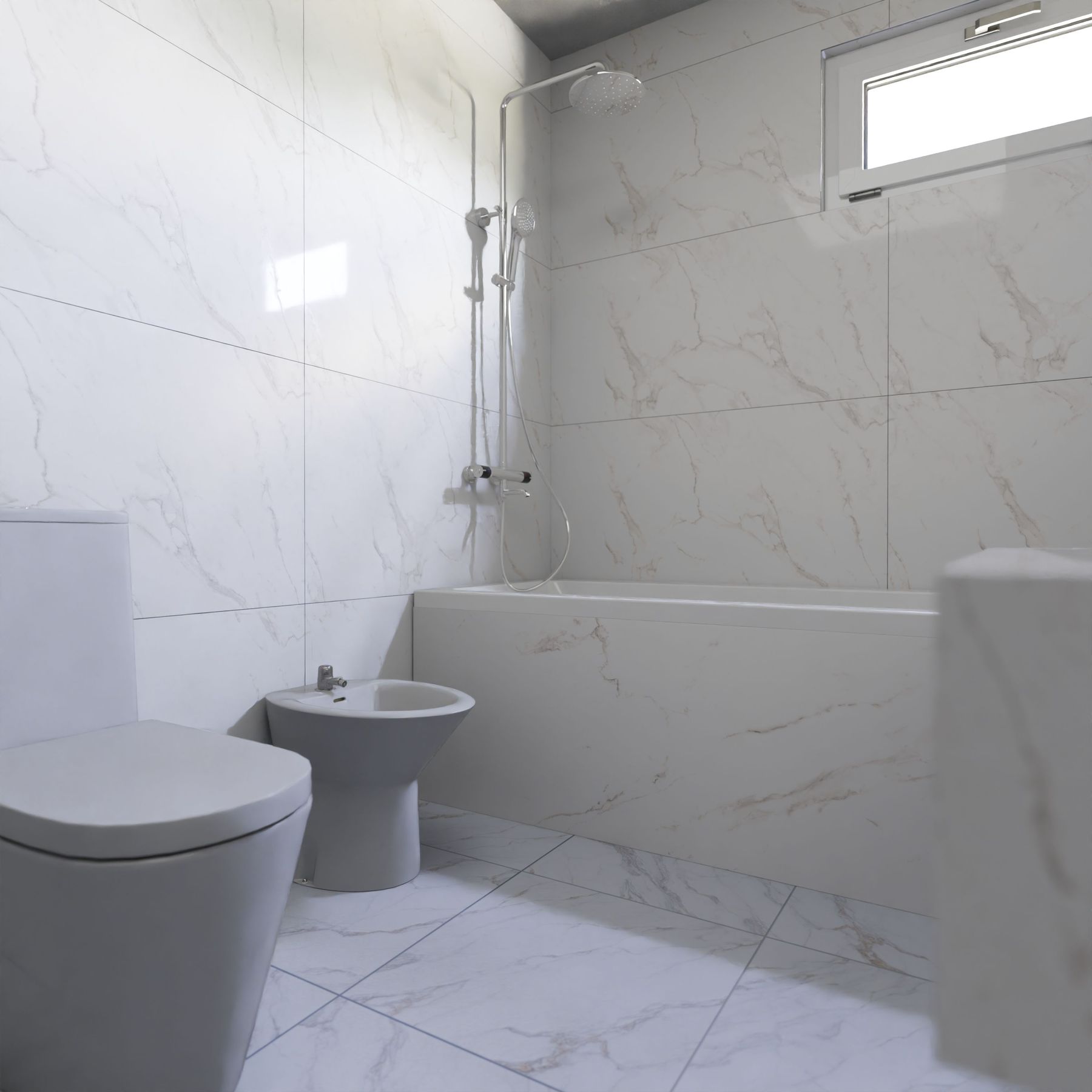 Reforma integral de baño en el Maresme con gres porcelánico efecto mármol